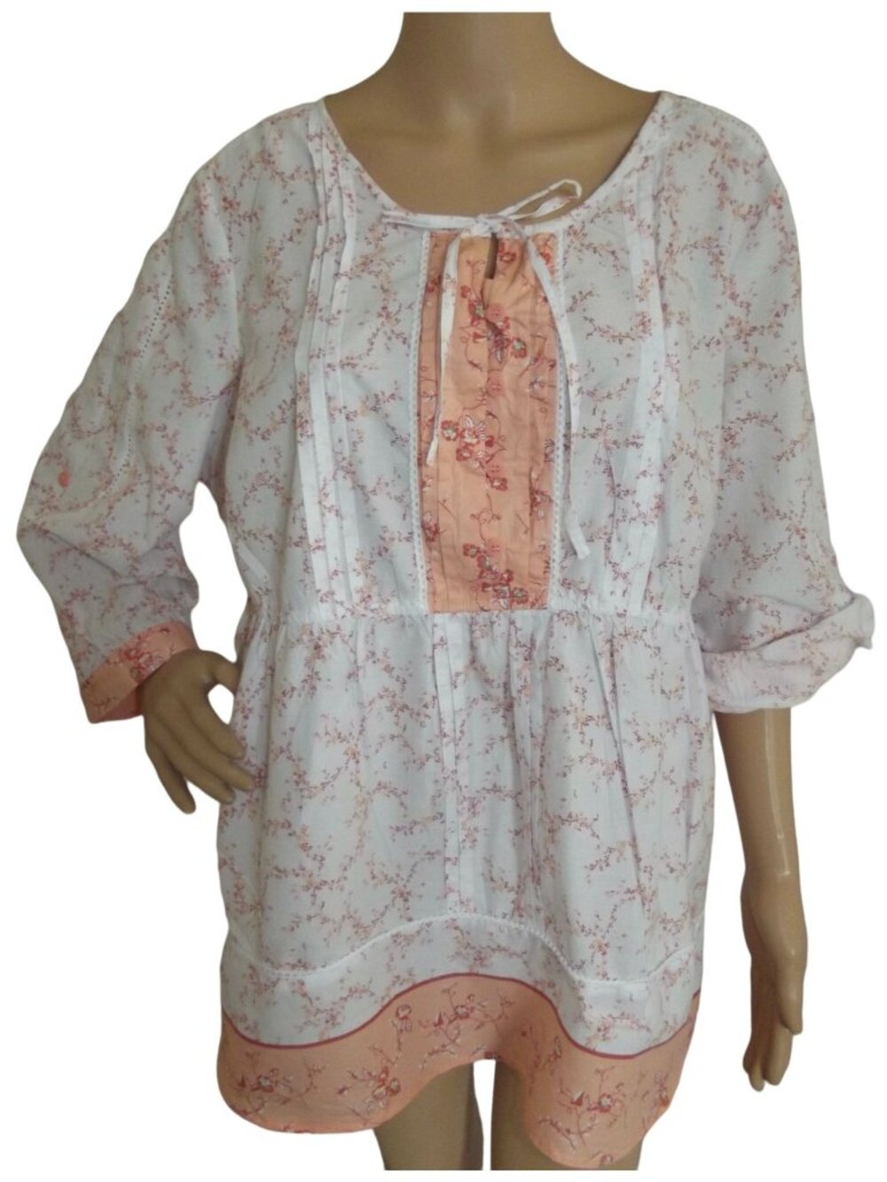 Fashion Bug Blouse Womens 1X Ditzy Pretty Peach White Floral Cotton long tunic
